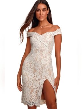 Lulus Table for Two White Lace Off-the-Shoulder Midi Dress sz S